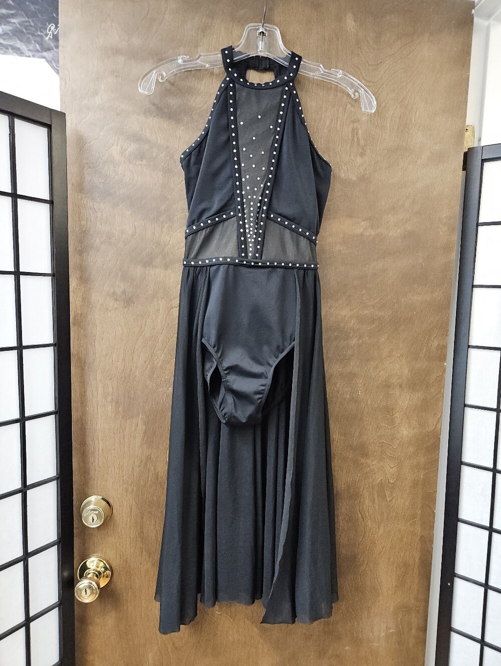 Weissman ELITE D12409 competition Black Swarovsky Crystal Halter Leotard Sz XSA